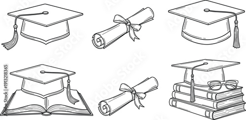 Graduation Cap and Diploma Scroll Vector Illustration Set with Academic Mortarboard Tassels and Stacks of Books for Commencement Ceremony and Educational Achievement Designs