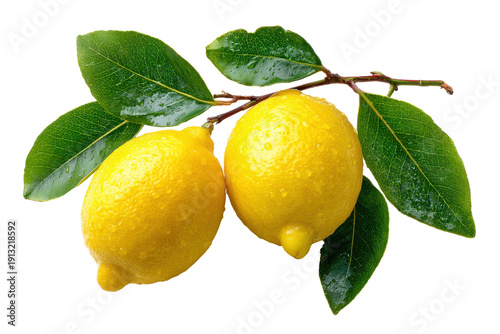 Two fresh lemons with green leaves on a branch isolated on transparent background. Fresh yellow lemons on branch with green wet leaves isolated on white background.