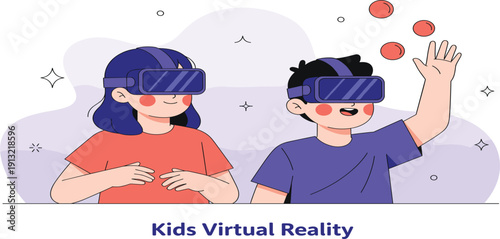 Kids Virtual Reality Concept Illustration with Children Wearing VR Headsets Experiencing Interactive Digital Technology and Gaming Entertainment