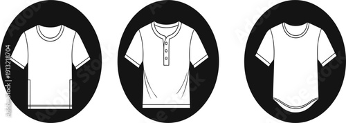 Men T Shirt Collection with Crew Neck, Henley and Curved Hem Styles in Minimal Outline Design Vector Illustration Set