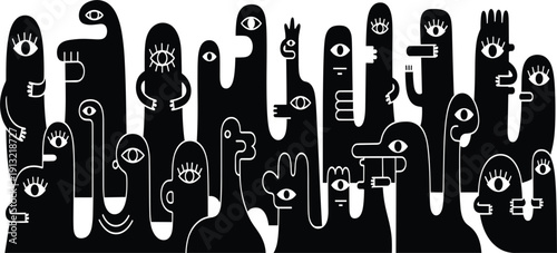 Modern Abstract One Eye Characters Crowd in Bold Black Minimal Surreal Illustration with Quirky Fantasy Figures Vector Art Collection