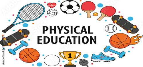 Physical Education Vector Banner Design with Sports Equipment Icons Including Basketball Soccer Football Tennis Racket Skateboard and Trophy for School Fitness and Athletics Programs