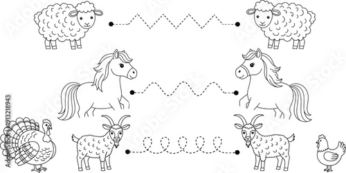 Preschool Fine Motor Skills Tracing Worksheet Featuring Farm Animals Including Sheep Horses Goats Turkey and Chicken for Early Childhood Education and Handwriting Practice