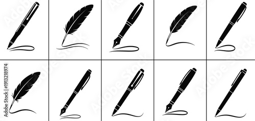 Professional Writing Instrument Icon Set with Modern Fountain Pens Ballpoint Pens and Classic Quill Feathers for Signature Legal Documents and Creative Literature Designs