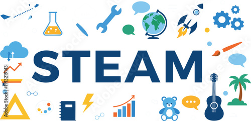 STEAM Education Concept Banner with Science Technology Engineering Arts and Mathematics Icons Including Rocket Globe Microscope Gears and School Supplies for Learning Designs