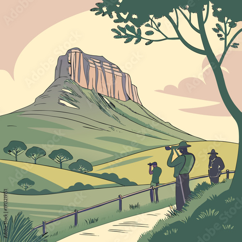 vector illustration of a desert landscape with photographers