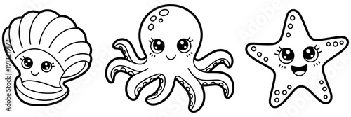 Vector, black, and, white, line, art, illustration, set, of, cute, cartoon, sea, animals, including, octopus, starfish, and, seashell, for, children, coloring, pages, isolated (25 words)