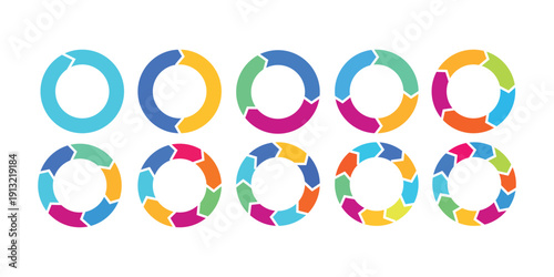 Circle diagram infographic set. Rotation round cycle vector scheme process template. 2, 3, 4, 5,6,7,8,9,10 parts