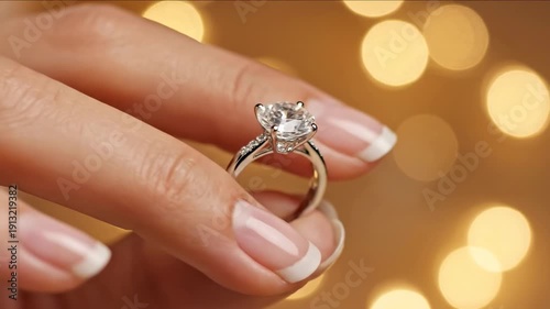 A close-up shot of a hand holding an engagement ring with a diamond