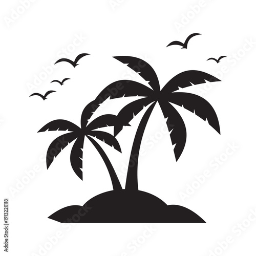 Tropical Island Paradise Silhouette with Palm Trees and Flying Birds Vector Icon for Exotic Vacation Getaway Dream