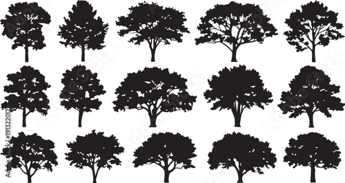 A collection of various tree silhouettes in a black and white illustration