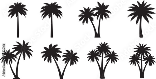 Nine black and white palm trees on a white background