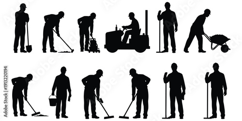 Silhouettes of construction workers performing various tasks on white background person