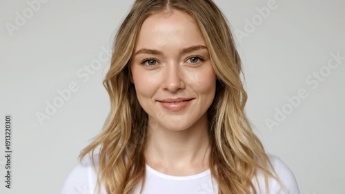 A close-up shot of a young, fair-skinned woman, smiling slightly