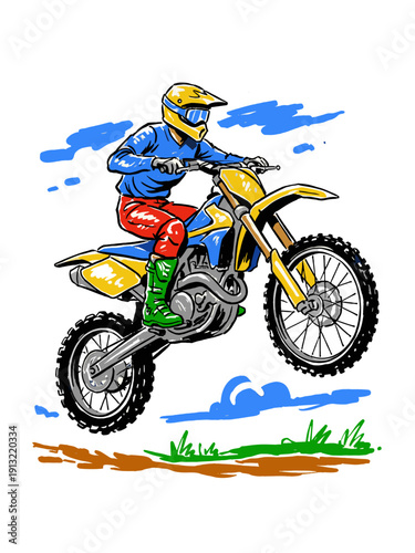 Energetic Hand-Drawn Motocross Rider Jumping Off Road Dirt Bike Vector Illustration on White Background