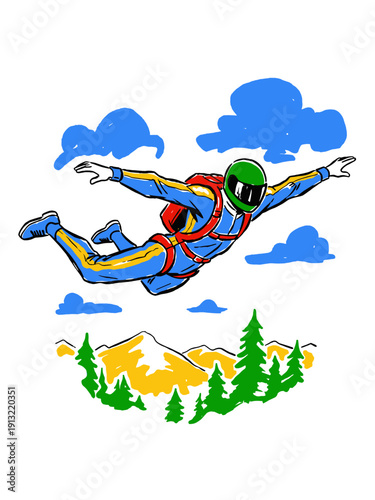 Retro style illustration of a skydiver in freefall above mountains and forest landscape. Parachutist adventure sport graphic.