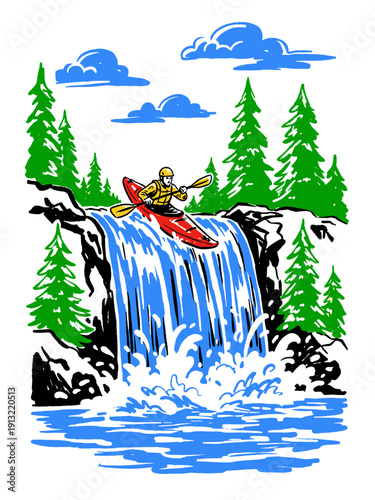 Retro Kayaking Adventure Illustration: Paddler Freefalling Over Forest Waterfall on a Red Boat.