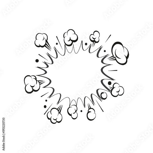 Comic Blast Illustration: A dynamic illustration captures the energy of a comic blast, showcasing bold lines and a burst of stylized smoke against an empty central space.