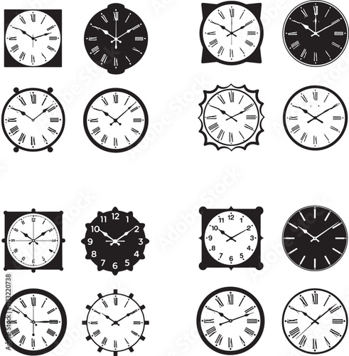 Collection of vintage analog clocks with Roman numerals in black and white