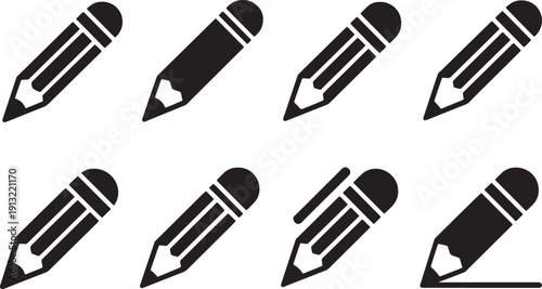 Solid Black Pencil Icons and Writing Symbols Set for Creative Design
