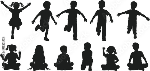 Black Silhouette Vector Set of Happy Children Jumping, Running, and Sitting for Kids Party Invitations, Educational Graphics, School Projects, and Playful Lifestyle Illustrations.