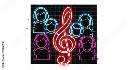 Modern neon treble clef with glowing people wearing headphones, representing a vibrant digital music community, audio streaming, and contemporary sound culture.