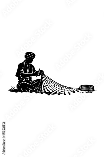 Minimalist Black and White Vector Illustration of a Traditional Fisherman Mending His Net: Concept of Craftsmanship, Hard Work, and Maritime Culture Silhouette Icon Design.