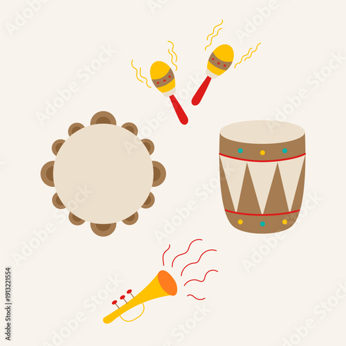 Happy Carnival banner. Musical instruments. Holiday celebration. Vector illustration, flat design