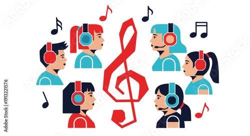 Diverse group of children wearing headphones, singing or learning music, surrounded by musical notes and a prominent treble clef. Ideal for music education.