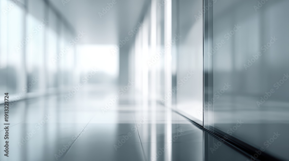 Obraz premium blurry modern office interior with glass doors and windows, bright natural light, corporate background