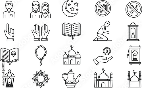 Islamic religion symbols and icons set in line style design