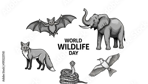World wildlife day theme featuring diverse animal species in grayscale art