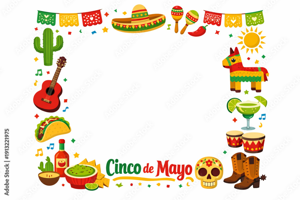 Fototapeta premium A vibrant illustration celebrating Cinco de Mayo with colorful icons and festive decorations