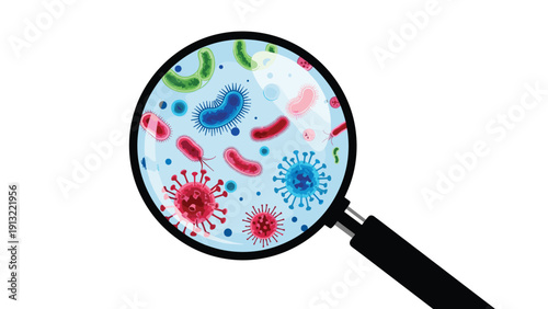 Close up view through a magnifying glass reveals various colorful microscopic bacteria and virus cells floating in a liquid environment.