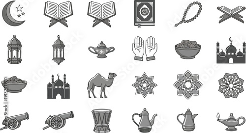 Islamic religion symbols and objects collection in black and white