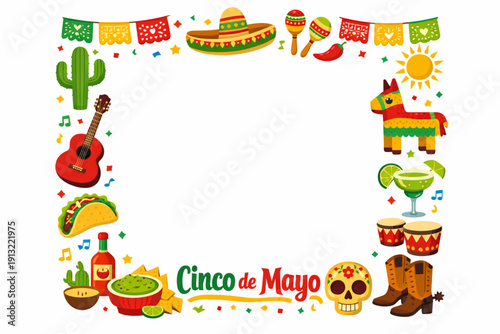 A vibrant illustration celebrating Cinco de Mayo with colorful icons and festive decorations