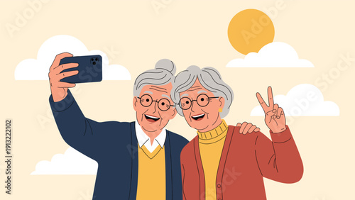 Joyful senior couple taking a selfie with a smartphone while posing together under a bright sun and fluffy clouds.