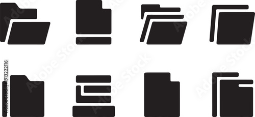 Collection of solid black flat folder icons for document management. Vector illustration