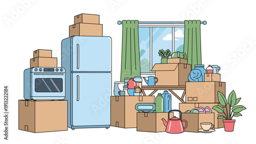 Cluttered room filled with cardboard moving boxes and household appliances like a refrigerator and oven ready for relocation.