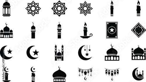 Islamic symbols and mosque icons in black silhouettes on white background