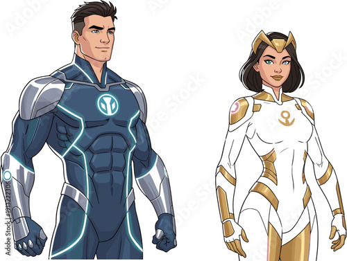 Superhero duo illustration, male and female heroes in futuristic suits, epic comic style artwork, heroic action concept, fantasy cartoon design with emblems