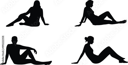 Black Vector Silhouette Set Featuring Men and Women Reclining and Relaxing on Floor in Casual Poses for Lifestyle Wellness Architecture and Design Projects