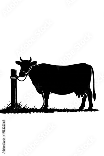 Dark Silhouette of a Bull Tethered to a Wooden Post in Deep Shadow – Extreme Low Key Minimalist Farm Animal Illustration Vector Art