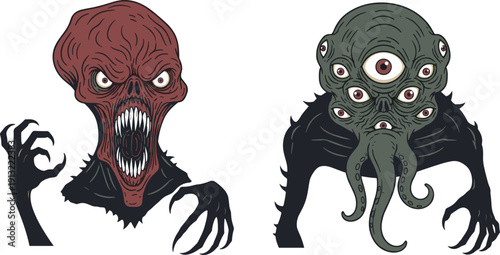 Canvas Print Horror monsters illustration, grotesque creatures with claws eyes and tentacles,