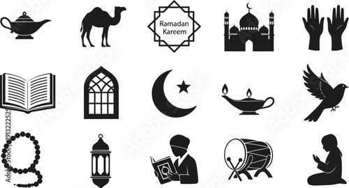 Ramadan Kareem symbols and icons set including mosque camel lamp and religious objects
