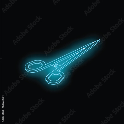 Neon medical clamp glowing on black background, concept for surgery and medical instruments