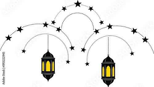Two hanging lanterns with yellow windows and stars around isolated on white background