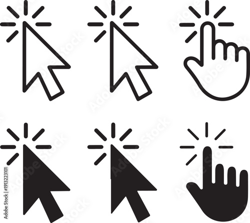 A collection of six distinct mouse cursor and hand click icons with an active sparkle effect