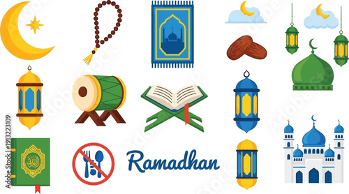 Ramadan symbols and objects for Islamic holy month celebration  various icons