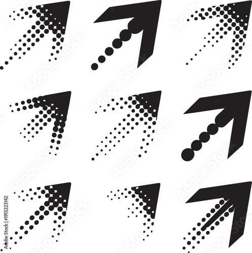 A collection of nine black arrows pointing diagonally upward with halftone dot patterns